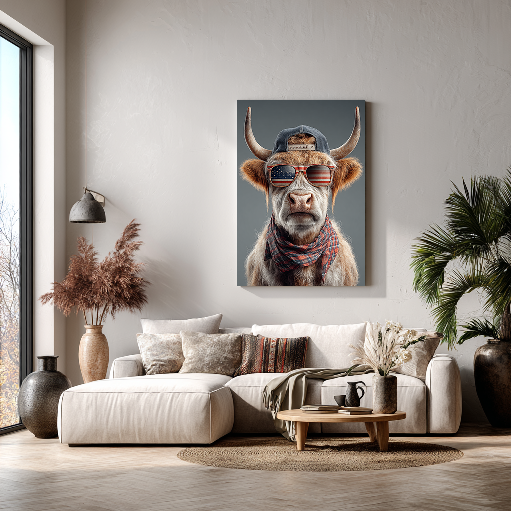 Modern canvas schilderij van een eigenzinnige hooglander.