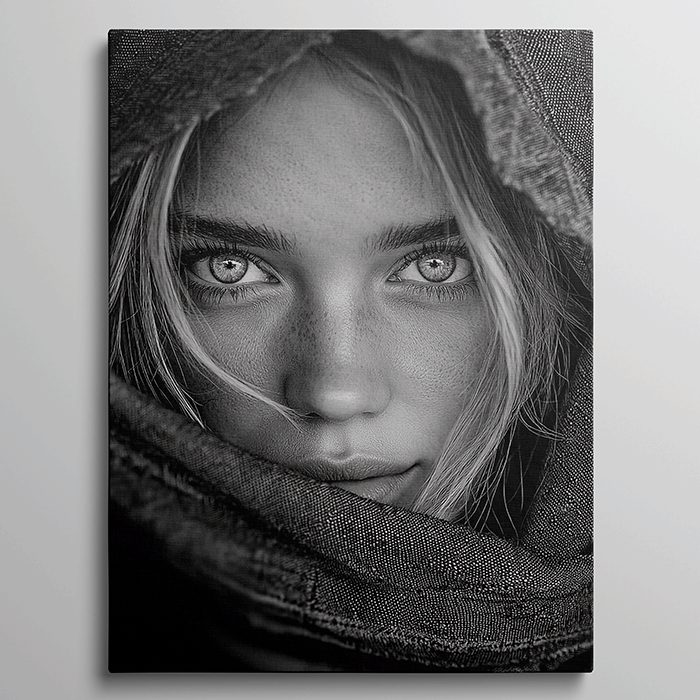 lose-up van vrouw met intense blik en licht haar onder een doek