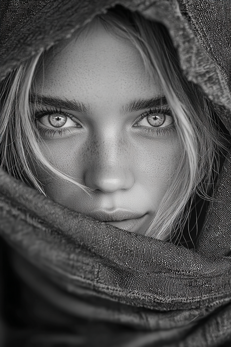 Vrouwelijk gezicht omhuld door stof, met sterke oogfocus