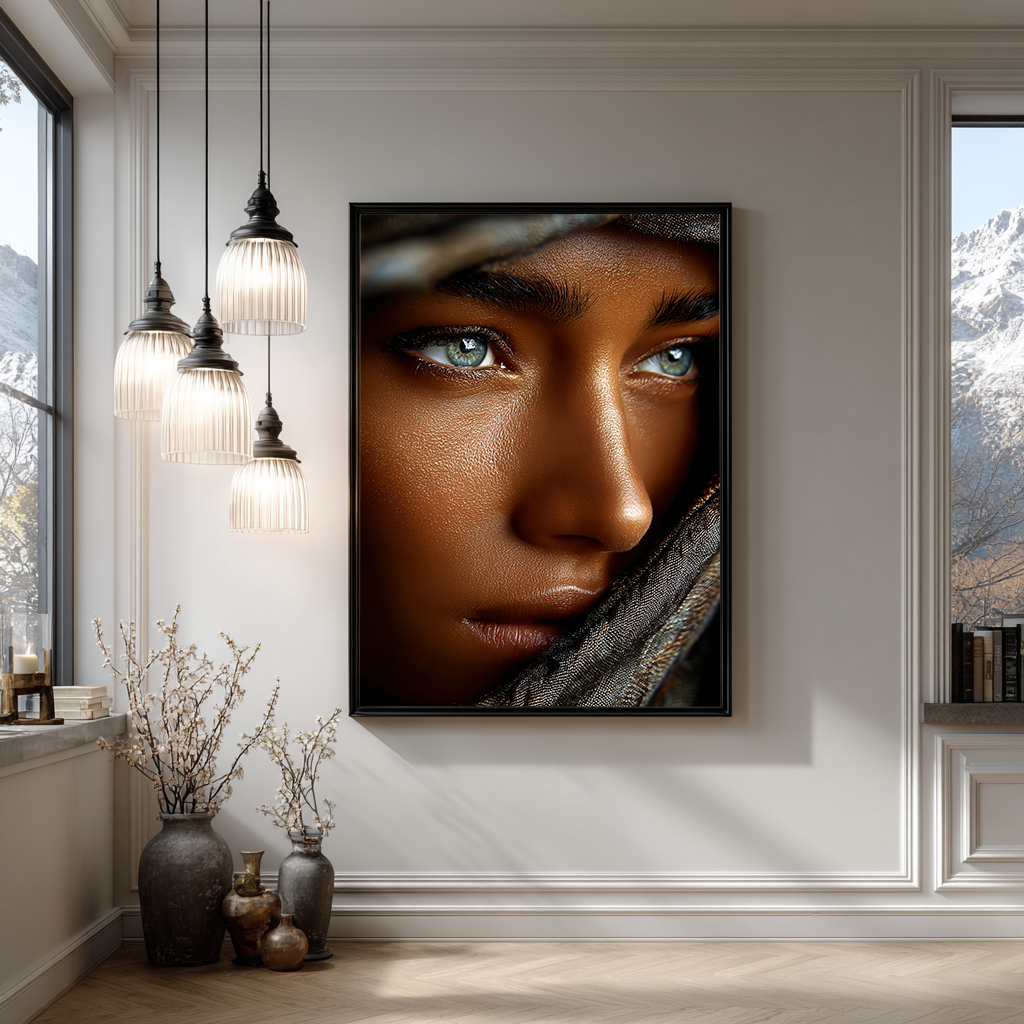 Gedetailleerde opname van een gezicht met natuurlijke huidtextuur en intense blik.