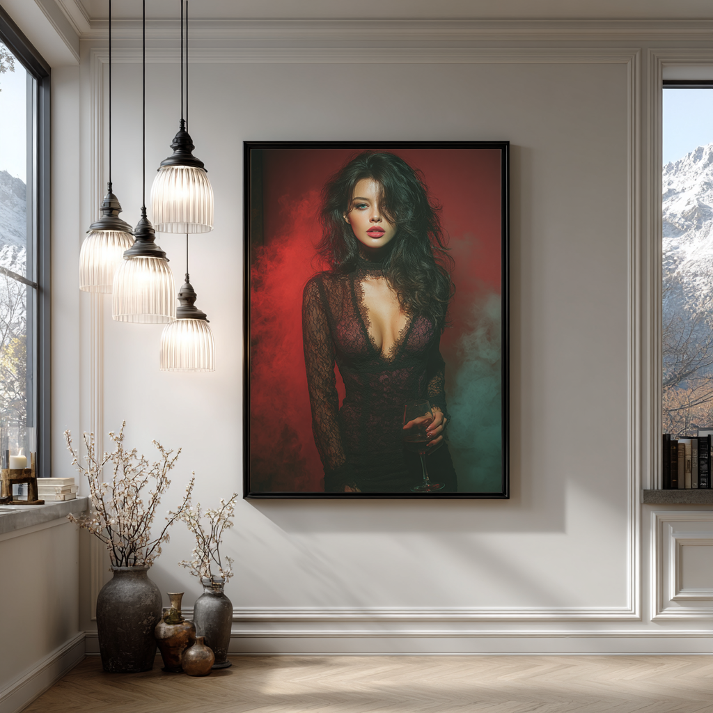 Fashionportret met donkere haren, felle lipstick en een glas wijn