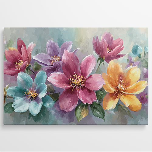 Waterverfschilderij met kleurrijke lente bloemen in roze, paars en geel.