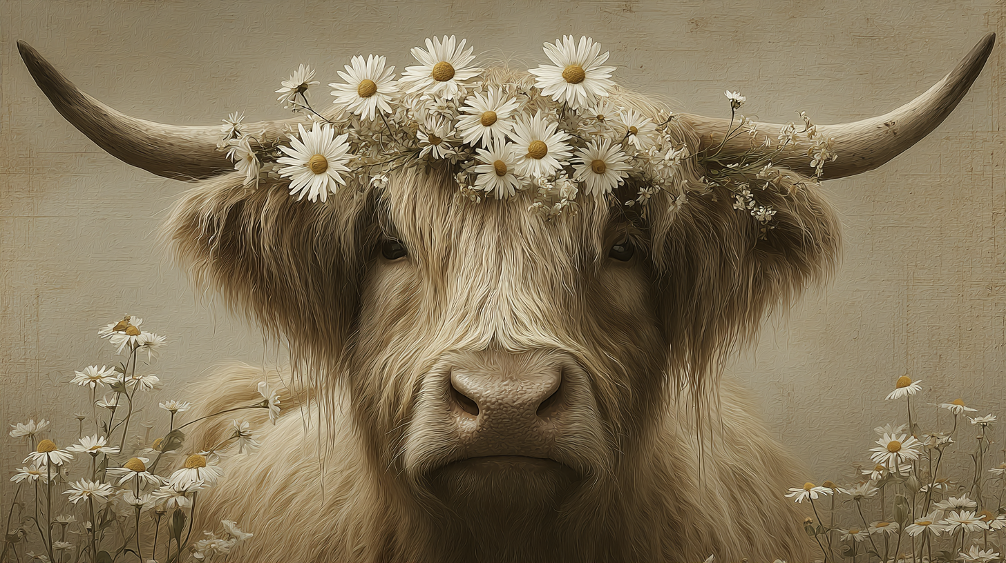 Portret van een hooglander tussen witte madeliefjes.