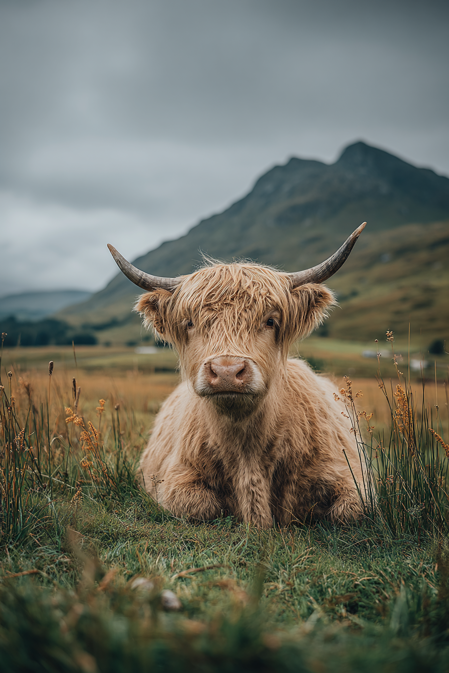 Zittende Schotse hooglander met karakteristieke hoorns in het gras