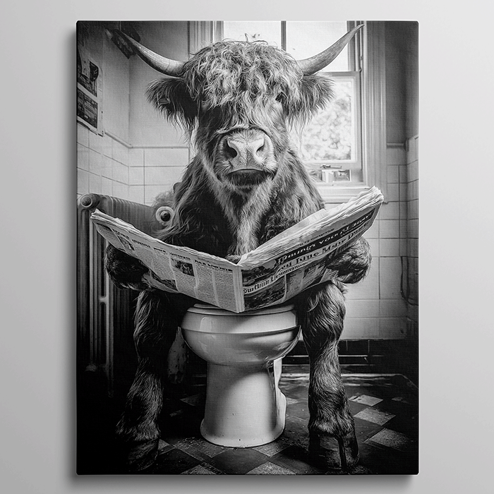 Grappig zwart-wit schilderij van een Schotse hooglander op het toilet