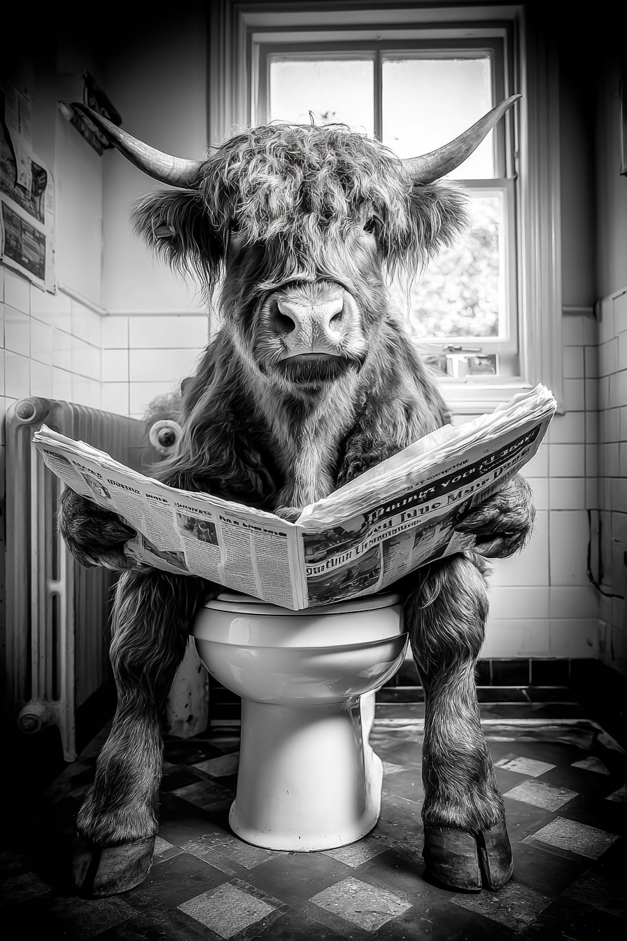 Kunstzinnige zwart-wit afbeelding van een hooglander in de badkamer