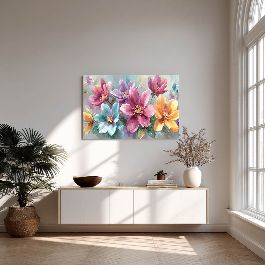 Dromerige florale compositie met zachte pastels en levendige bloemblaadjes.