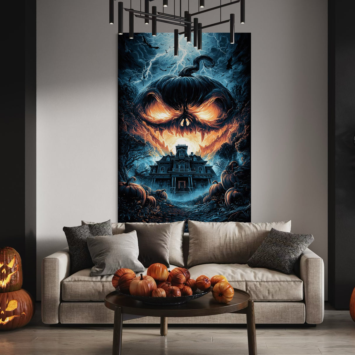 Een woonkamer met canvas schilderij van een kasteel met een grote pompoen erboven