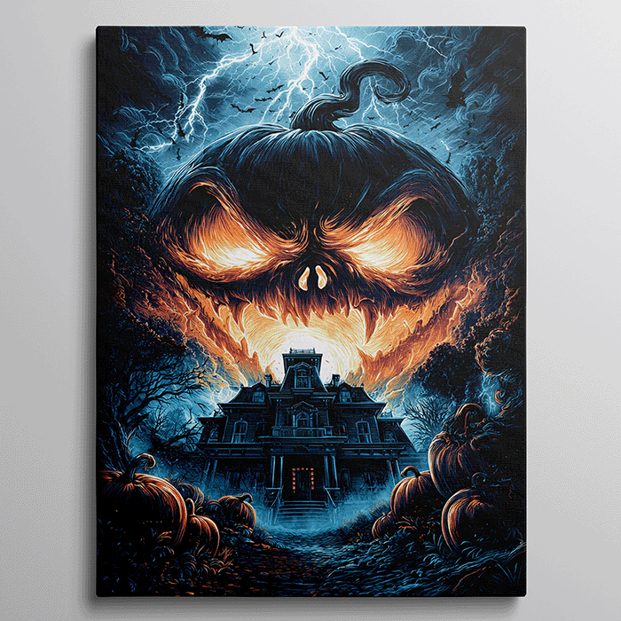 Wanddecoratie van een kasteel met een grote pompoen erboven.