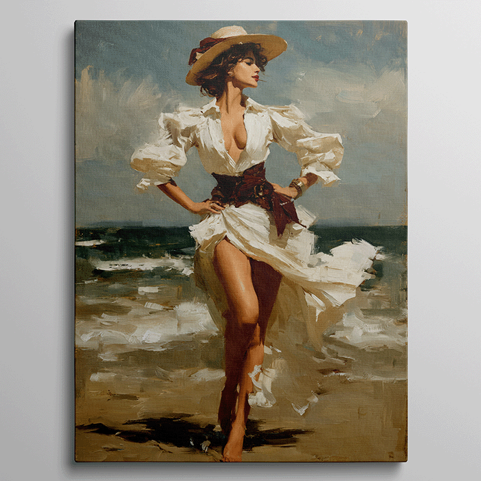 Vrouw in elegante witte jurk met hoed, poserend aan zee