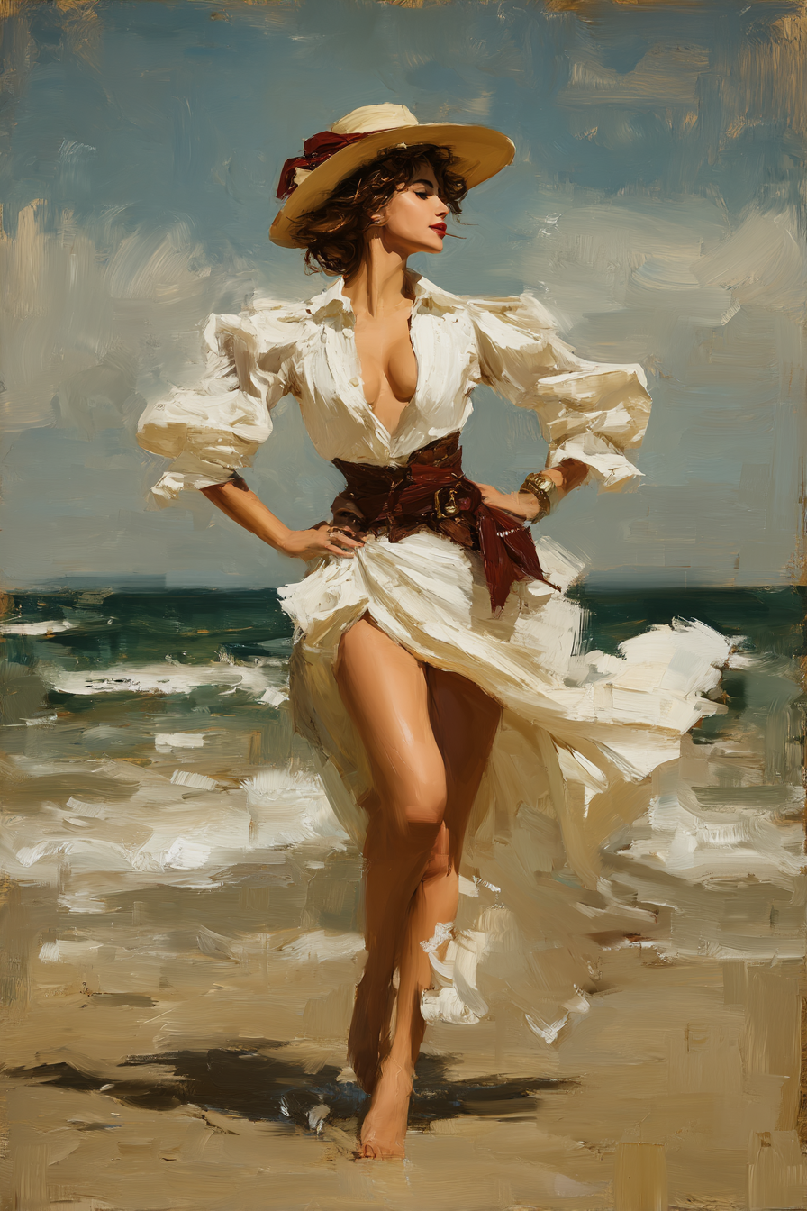 Modeportret op het strand met krachtige en elegante houding