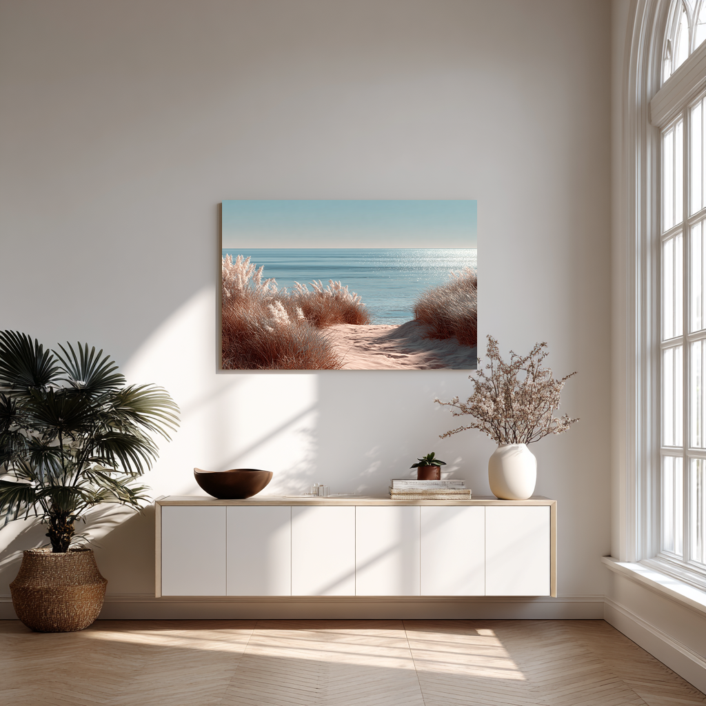 Rustig kustlandschap met glinsterend zonlicht op het water