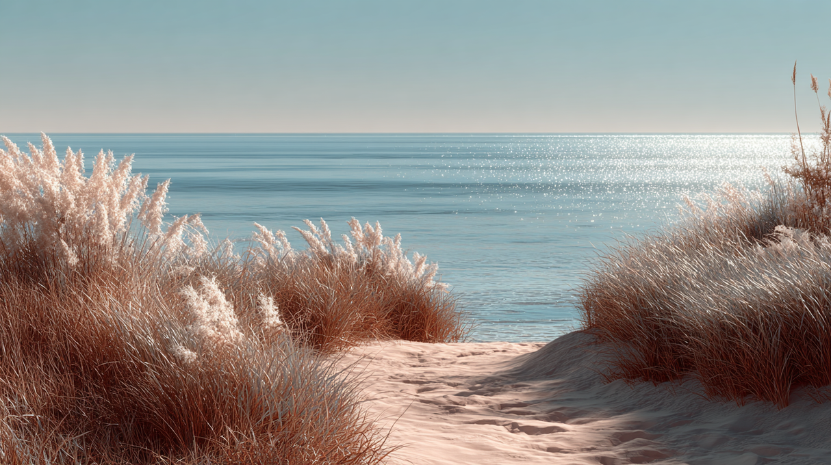 Natuurlijke strandscène met warme kleuren en zachte horizon