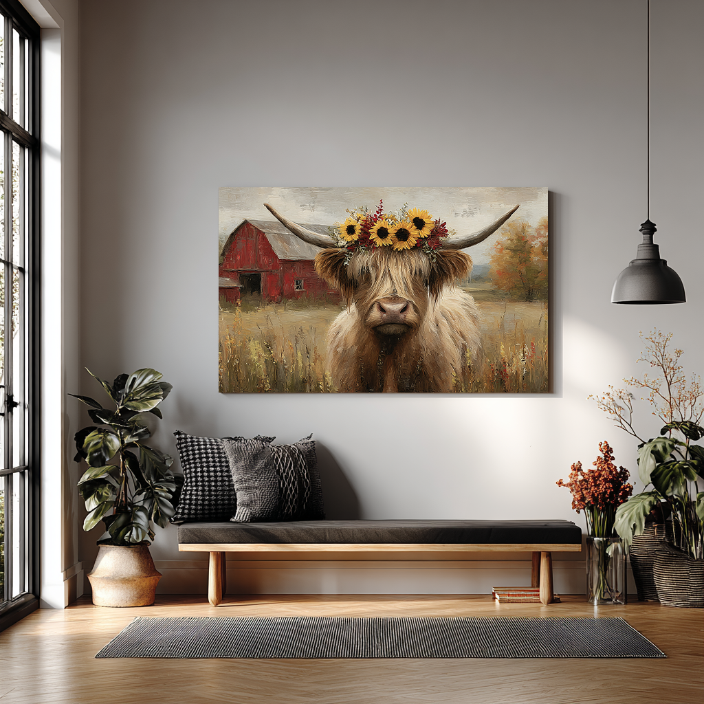 Schilderachtige boerderijscène met een sierlijke koe op de voorgrond