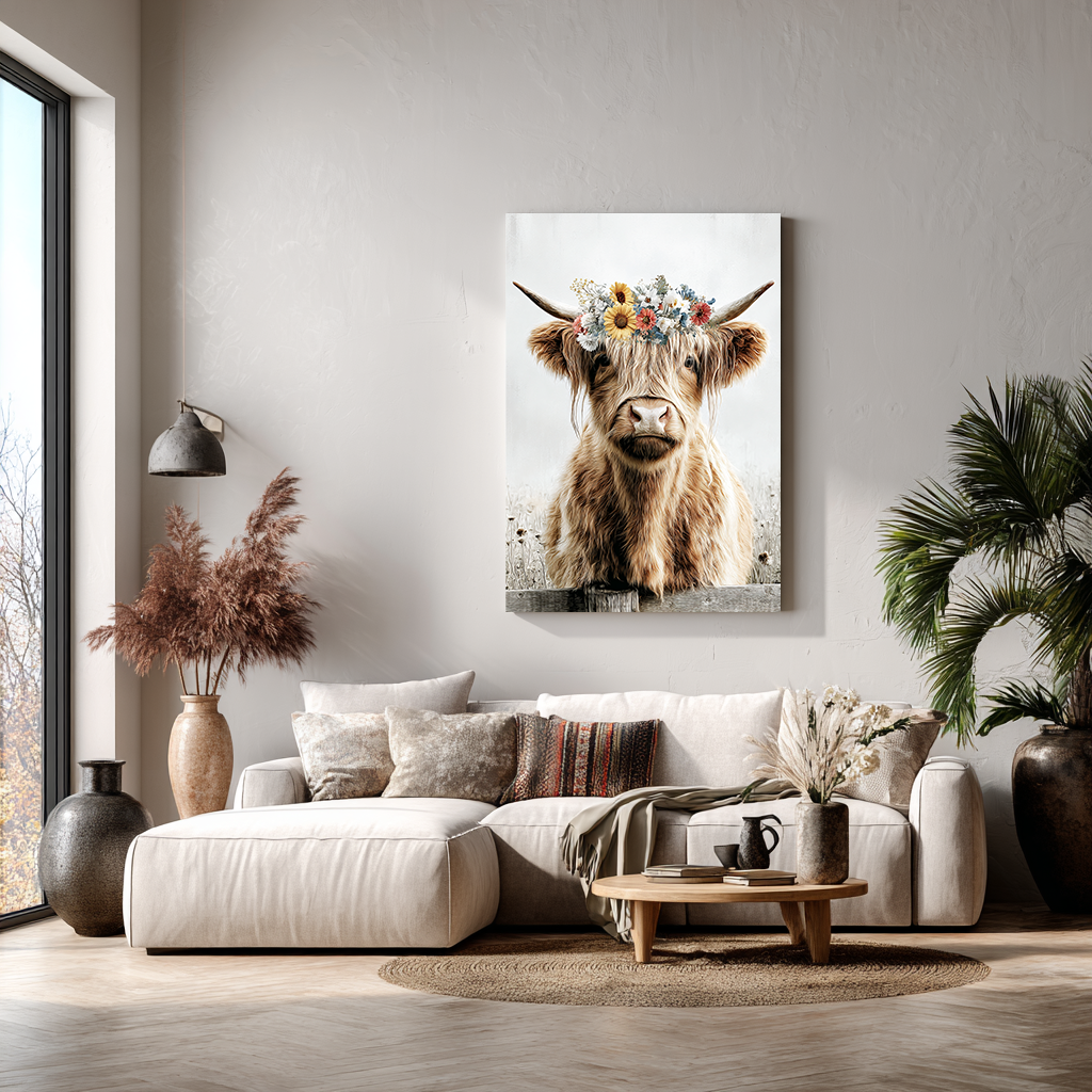 Romantisch schilderij van een hooglander met zachte kleuren.