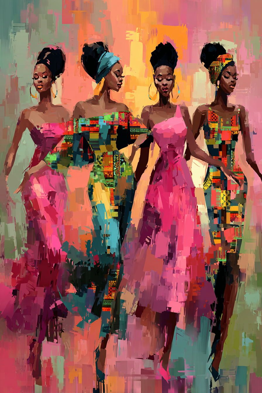 Kunstzinnige compositie van dansende vrouwen in traditionele prints