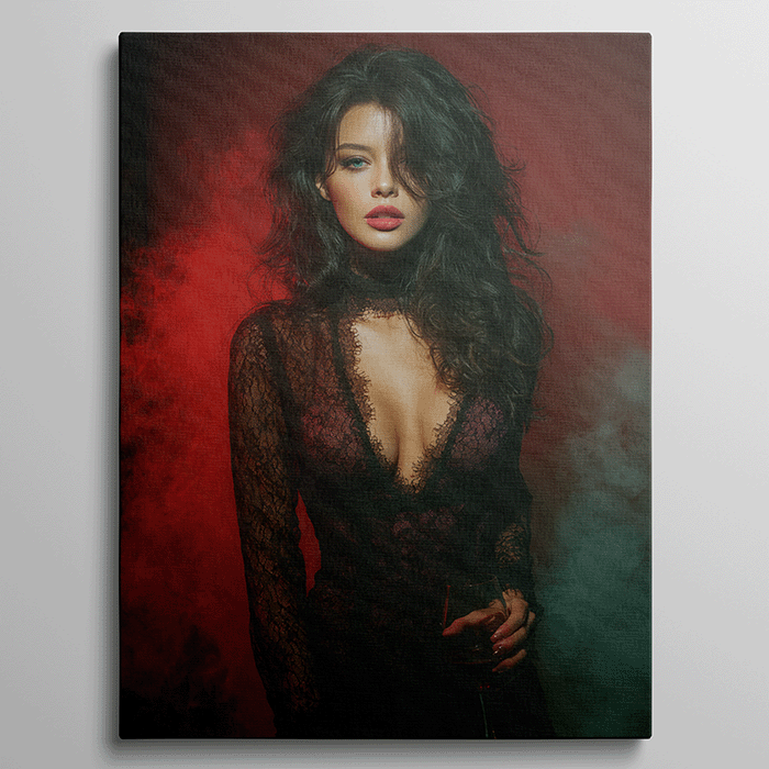 Vrouw in zwarte kanten jurk met rode achtergrond en glamoureuze uitstraling