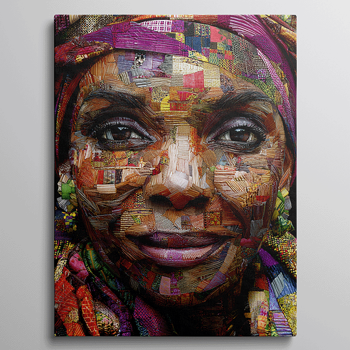 Afrikaanse vrouwengezicht opgebouwd uit kleurrijke textielstructuren