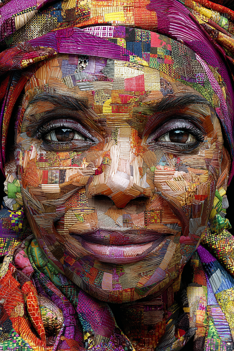 Close-up van vrouw met mozaïek-huid van geweven stoffen in levendige tinten
