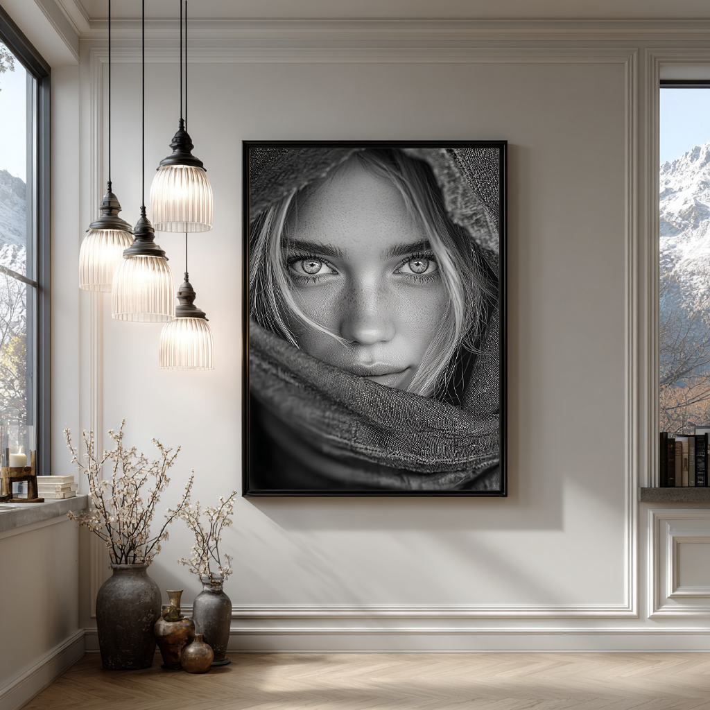 Detailfoto van helderblauwe ogen en sproeten in monochrome tint