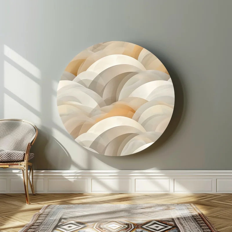 Dibond muurcirkel met een beige patroon.