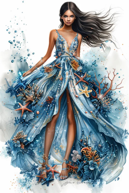 Poster met een glamoureus ontwerp in blauwe tinten, geïnspireerd door de oceaan, een luxe wanddecoratie