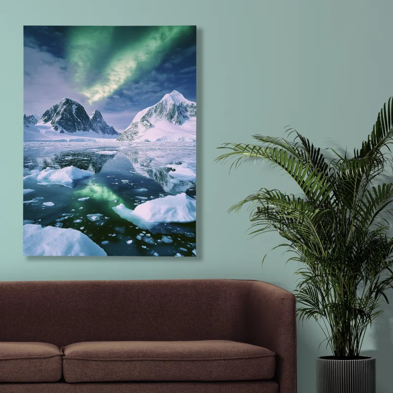 Wanddecoratie plexiglas met het magische noorderlicht boven een berglandschap