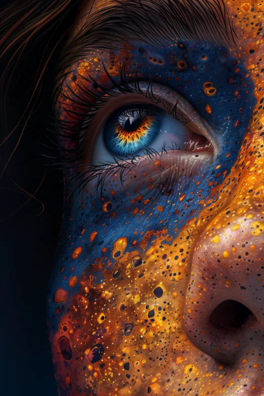 Wanddecoratie van plexiglas van een close-up van een gezicht met een kleurrijke, artistieke look