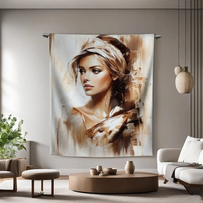 Wandkleed met een verfijnd schilderachtig portret van een vrouw in zachte aardetinten, met losse penseelstreken en een romantische uitstraling