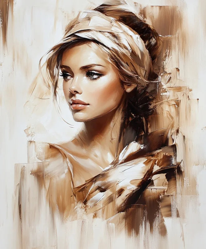 Wandkleed met een verfijnd schilderachtig portret van een vrouw in zachte aardetinten, met losse penseelstreken en een romantische uitstraling