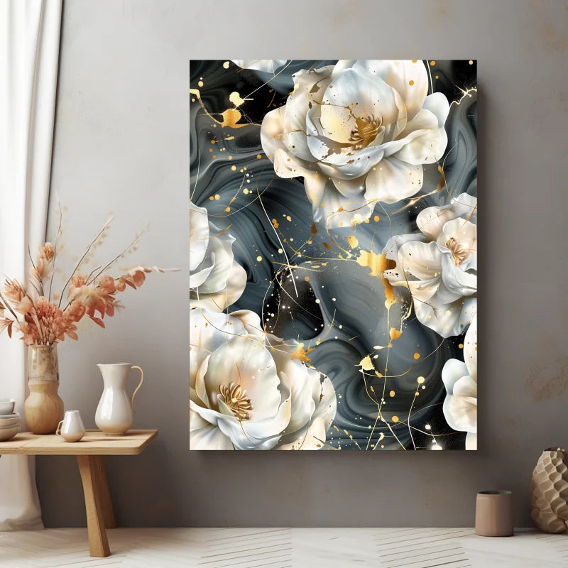 Wanddecoratie plexiglas met een ontwerp van elegante gouden bloemen