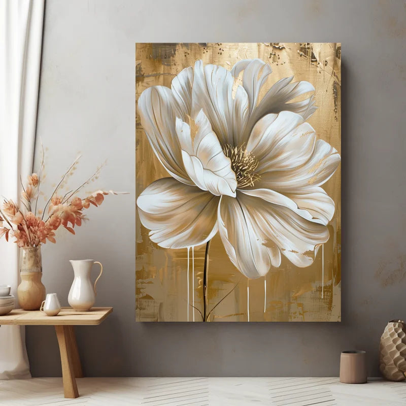 Wanddecoratie dibond met een luxe ontwerp van gouden witte bloemen