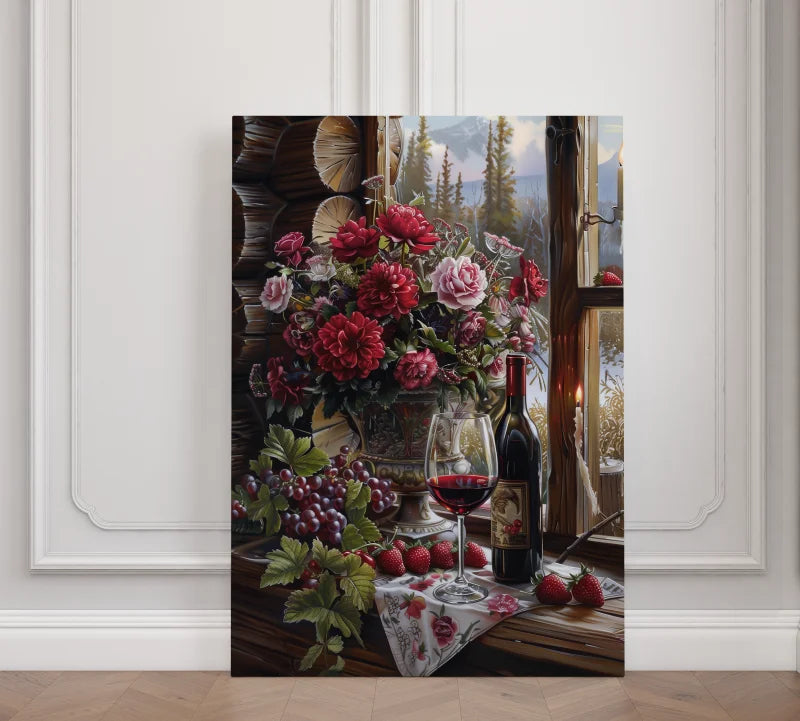 Wanddecoratie dibond van een stilleven met rode bloemen, een glas wijn, en een sfeervolle achtergrond.