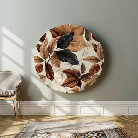 Warm bladontwerp in herfstkleuren op een dibond muurcirkel.