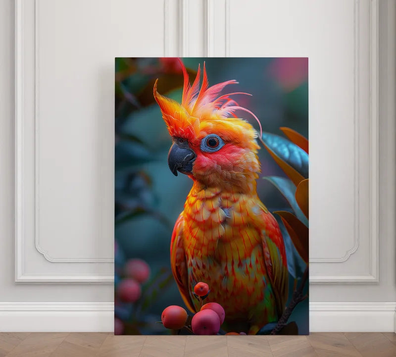 Wanddecoratie dibond van een felgekleurde papegaai omgeven door een tropische sfeer.