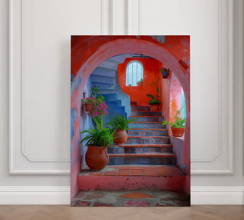 Wanddecoratie plexiglas van een uitnodigende trap in mediterrane stijl, met potplanten en levendige kleuren.