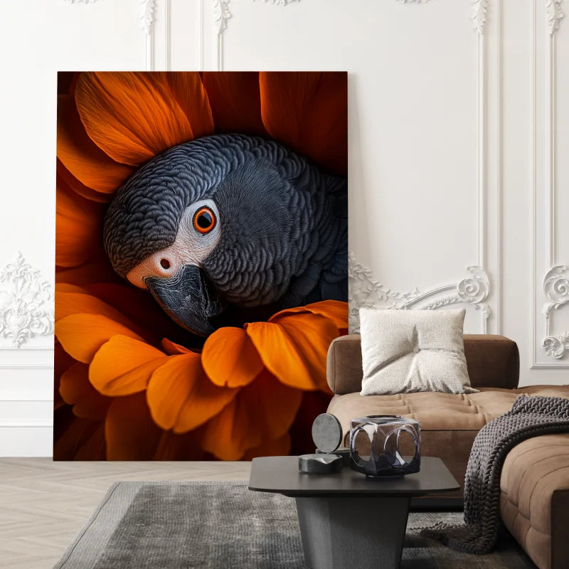 Plexiglas wanddecoratie van een vogel met oranje achtergrond