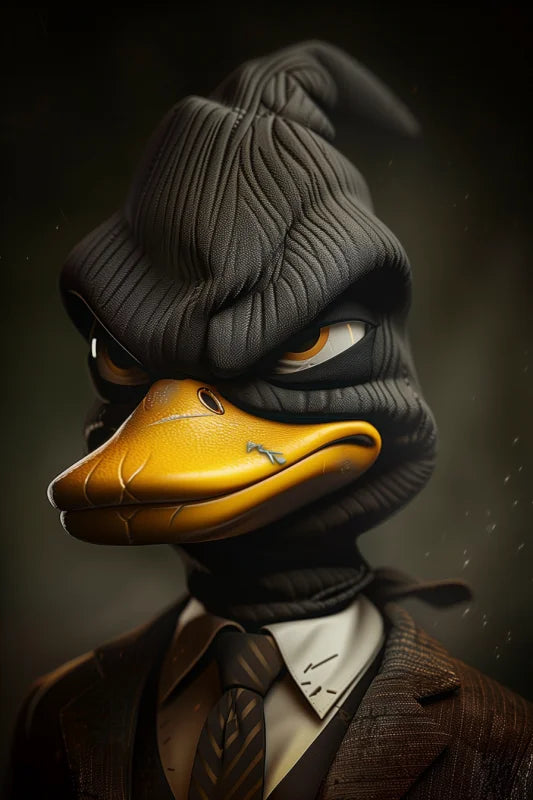 Poster van een eend met een bivakmuts