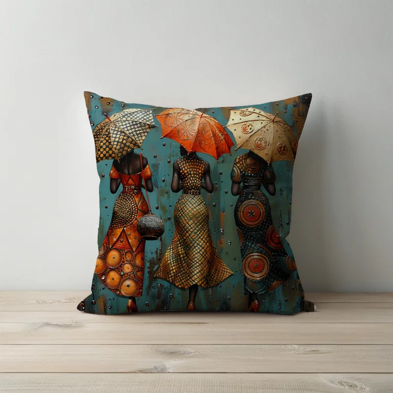 Sierkussen met vrouwen in kleurrijke jurken en paraplu's in artistieke stijl.