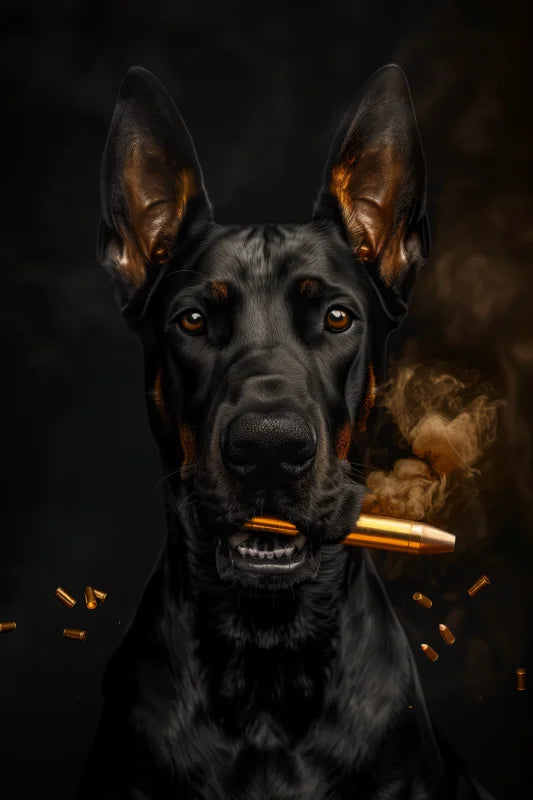 Een poster van een doberman met een kogel in zijn bek.
