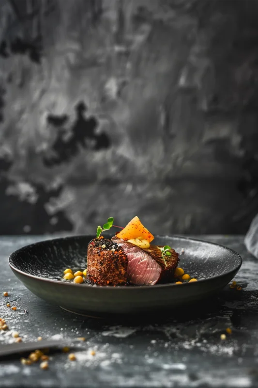 Wanddecoratie dibond Elegant gerecht geserveerd op een stijlvolle zwarte schaal.