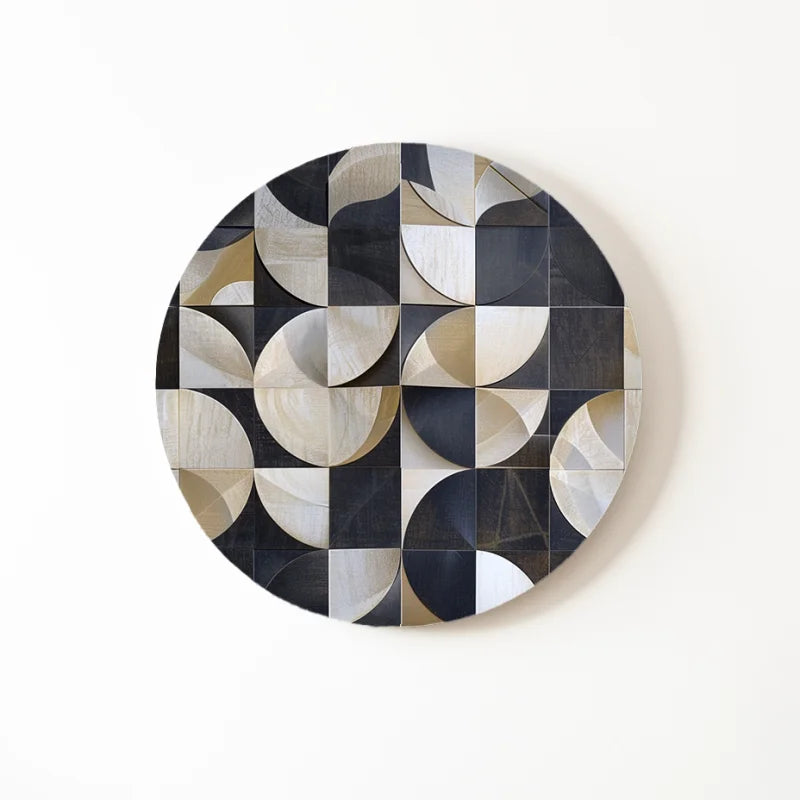 Geometrisch zwart, wit en goud ontwerp op een dibond muurcirkel