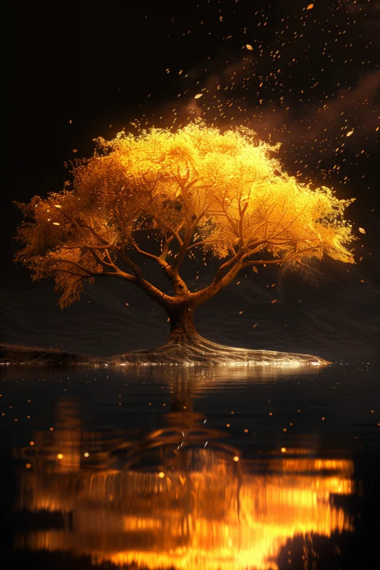 Poster met een gouden boom die straalt in een donkere omgeving, met vallende bladeren en reflecties in het water