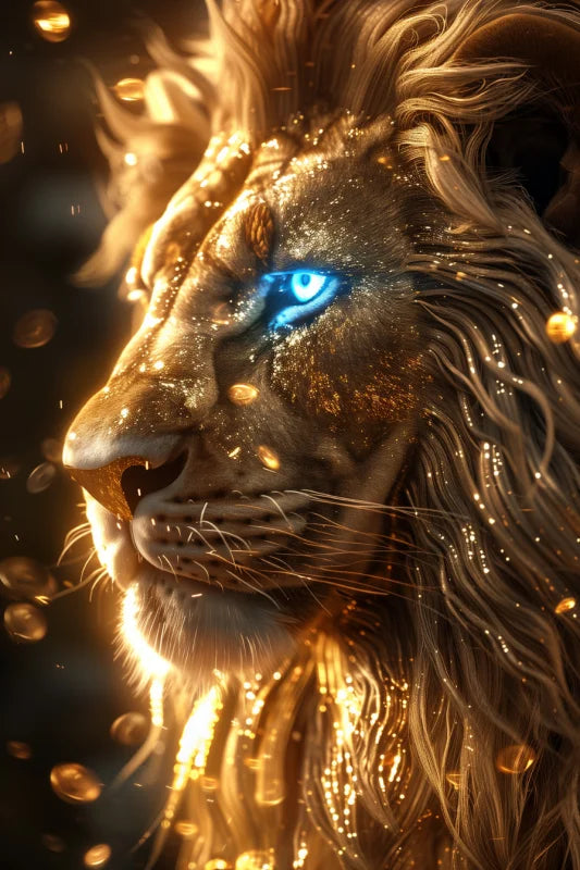 Poster van een leeuw met een blauw oog met gouden accenten