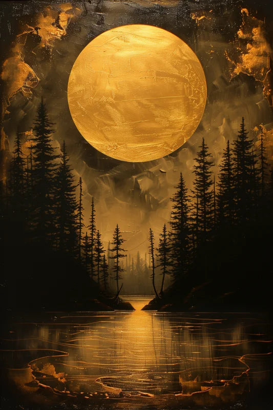 Poster met een glanzende gouden maan boven een serene setting