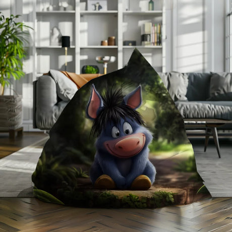 Zitzak met een schattige ezel in een avontuurlijke bosomgeving