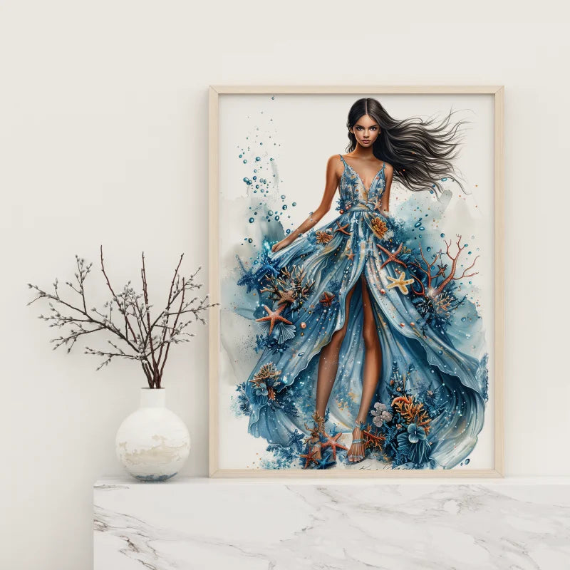 Poster met een glamoureus ontwerp in blauwe tinten, geïnspireerd door de oceaan, een luxe wanddecoratie