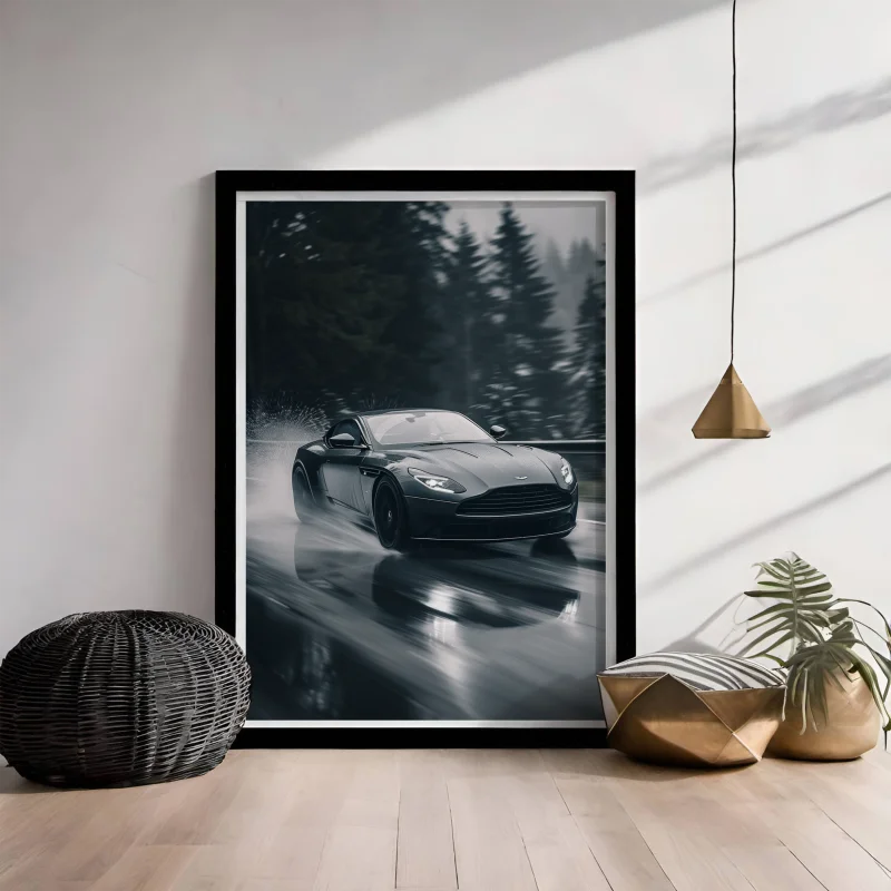 Poster van een racende auto op de snelweg.