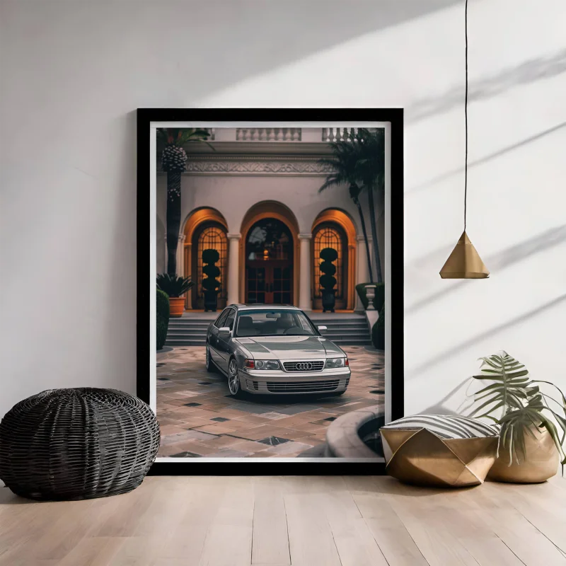 Poster van zilverkleurige Audi S8 geparkeerd voor een elegante villa.
