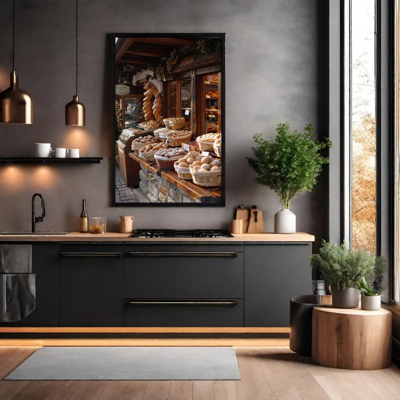 Wanddecoratie dibond van Ambachtelijke broden tentoongesteld in een authentieke rustieke bakkerijomgeving.